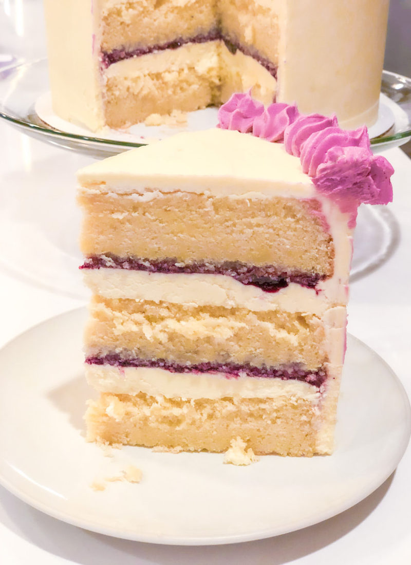 Triple Layer Huckleberry and White Cake with White Chocolate Frosting