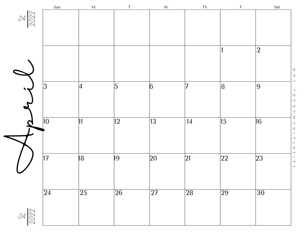 April 2022 free printable calendar.  Landscape pdf format with script.