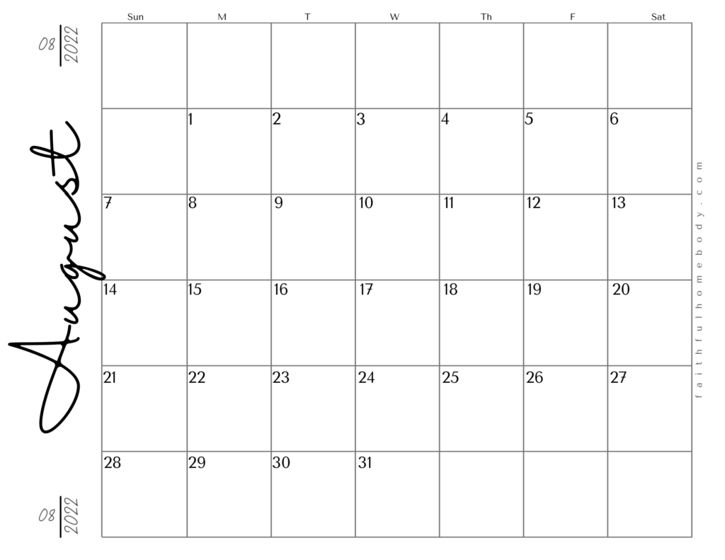 August 2022 free printable calendar.  Landscape pdf format with script.