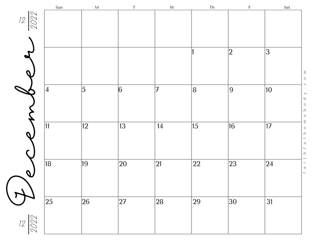 December 2022 free printable calendar.  Landscape pdf format with script.