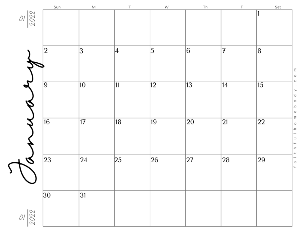 January 2022 free printable calendar.  Landscape pdf format with script.