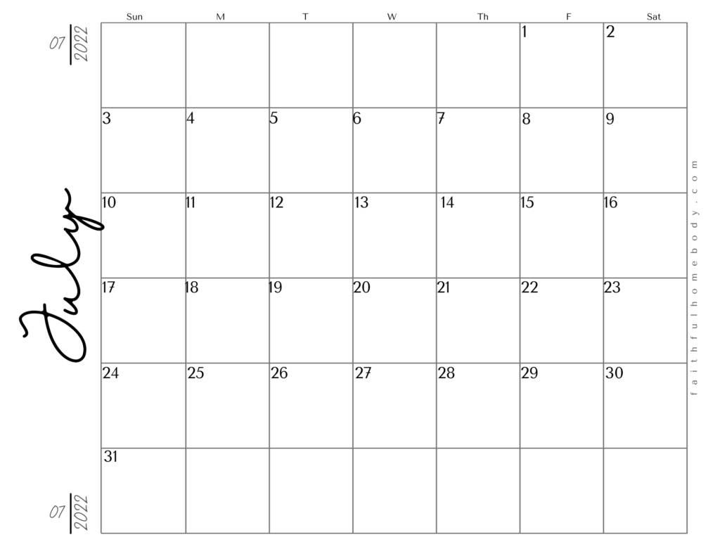 July 2022 free printable calendar.  Landscape pdf format with script.
