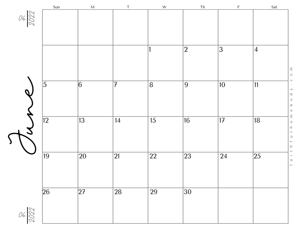 June 2022 free printable calendar.  Landscape pdf format with script.