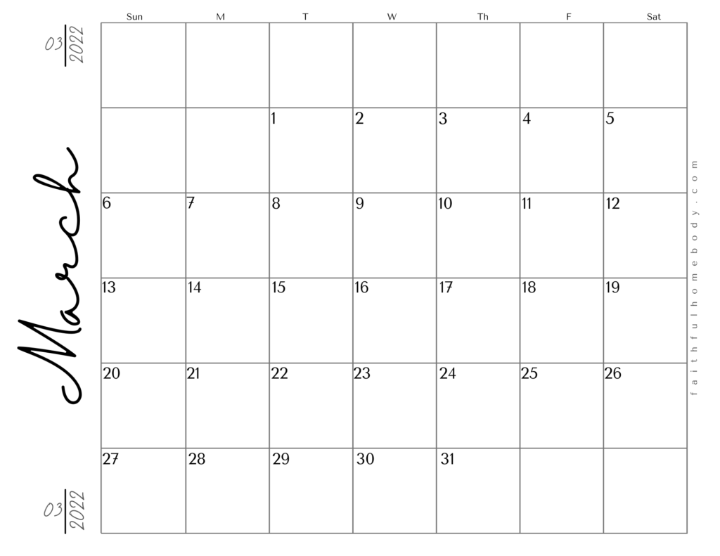 March 2022 free printable calendar.  Landscape pdf format with script.