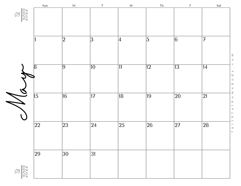 May 2022 free printable calendar.  Landscape pdf format with script.