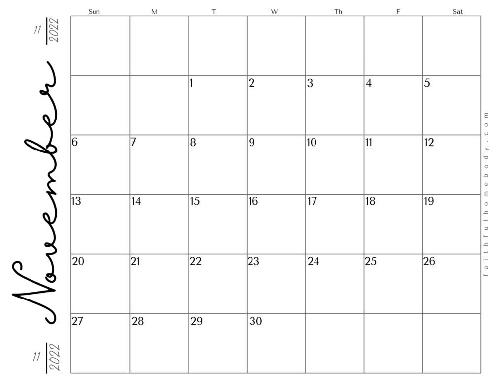 November 2022 free printable calendar.  Landscape pdf format with script.