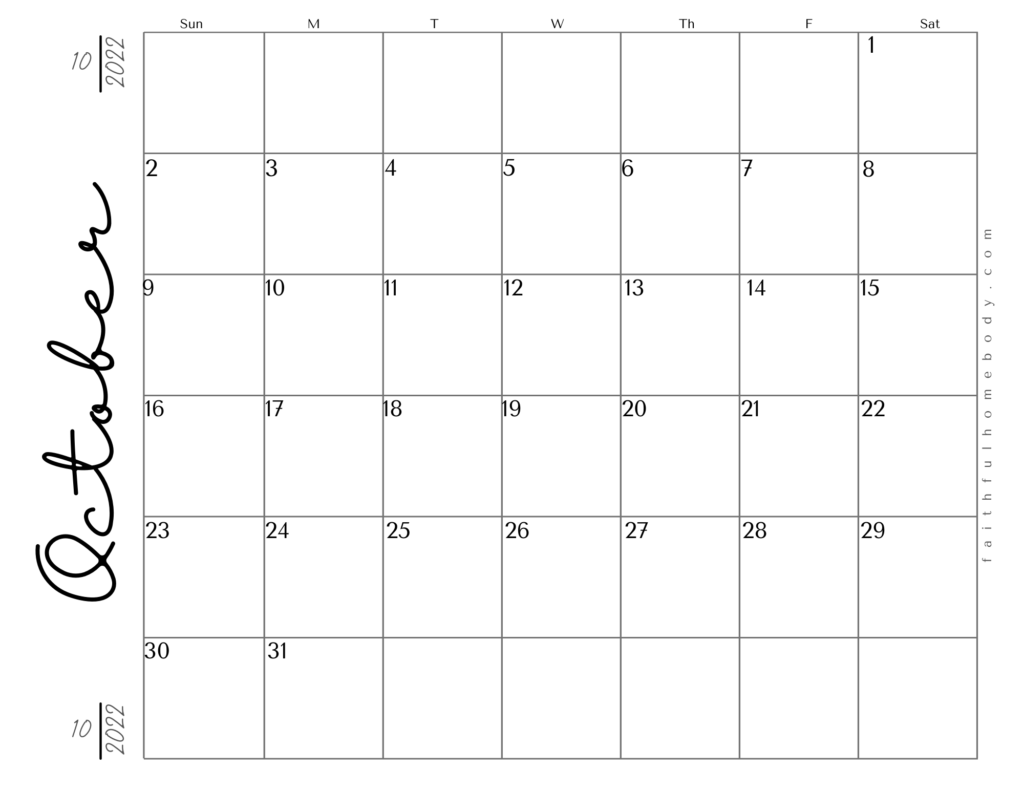 October 2022 free printable calendar.  Landscape pdf format with script.