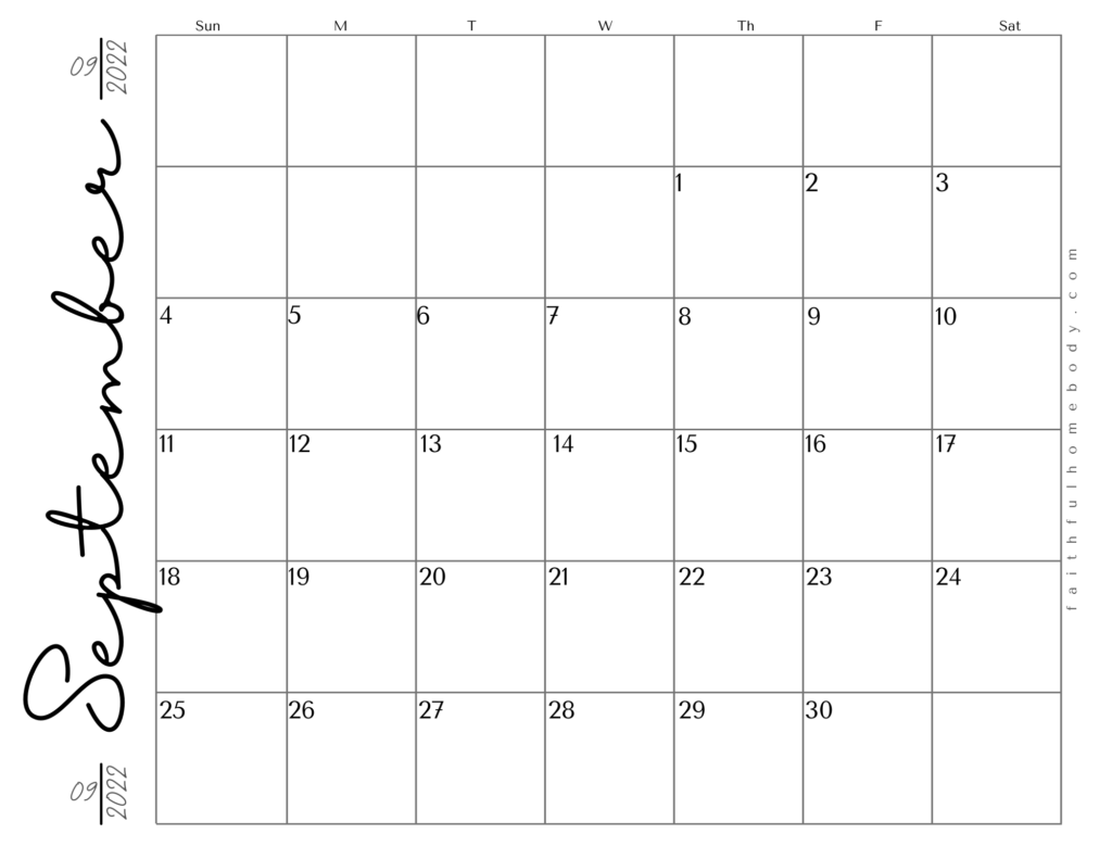 September 2022 free printable calendar.  Landscape pdf format with script.
